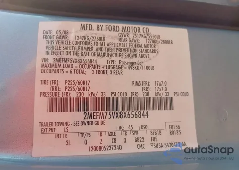 2008 Mercury Grand Marquis Ls z USA, uszkodzony, nr VIN 2MEFM75VX8X656844